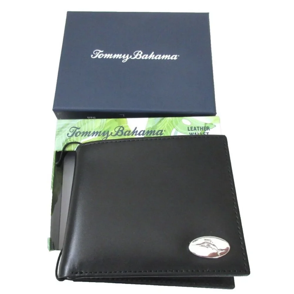 Tommy Bahama Men's Slim Bi Fold Black Genuine Leather Wallet Embossed Marlin NIB